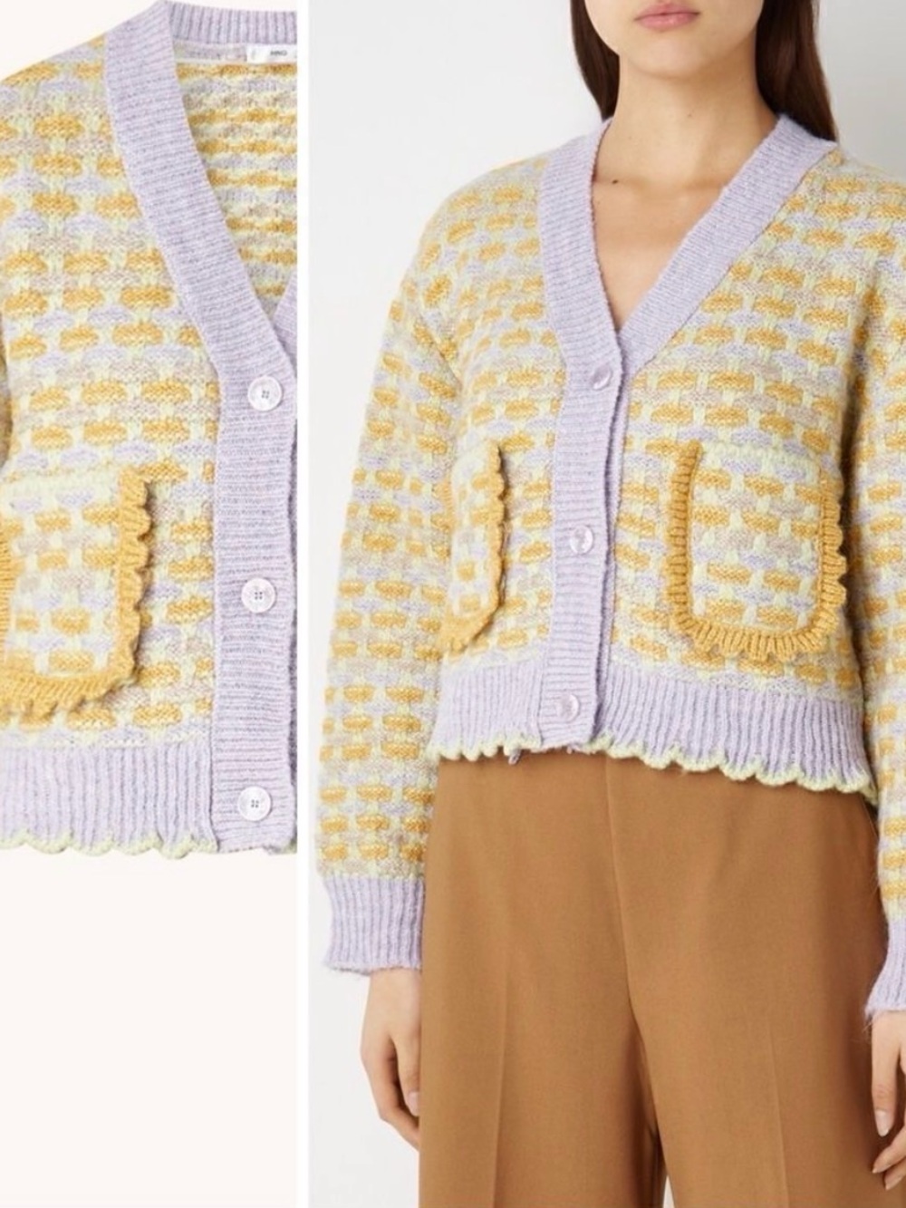 Mango Lavender and Pale Yellow Textured V-Neck Cropped Cardigan